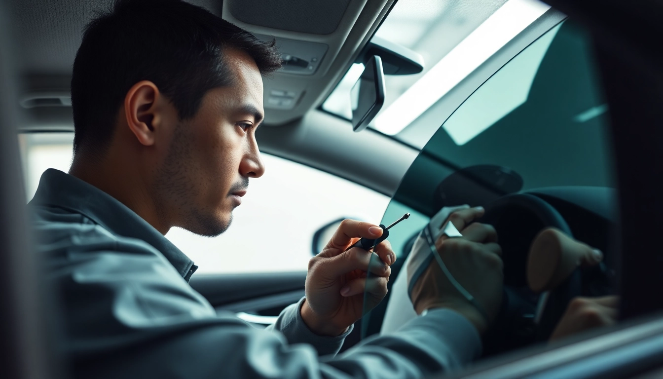 Enhance your vehicle with expert window tinting Cleveland TN, showcasing an installation technician at work.