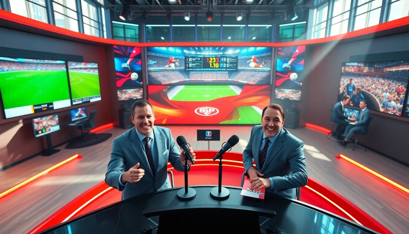 Engaging sports broadcasting studio with hosts presenting live sports events and vibrant graphics.
