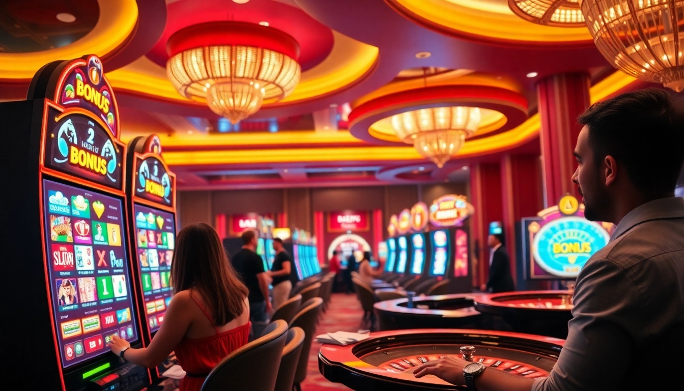 Exciting gameplay at situs bonus new member highlighted by colorful slot machines and thrilled players.