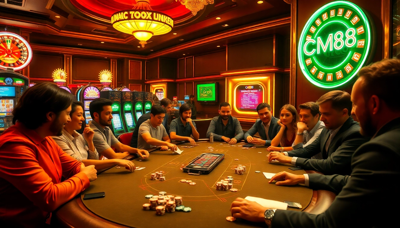 Gambling excitement at a poker table with CM88 branding and vibrant casino atmosphere.
