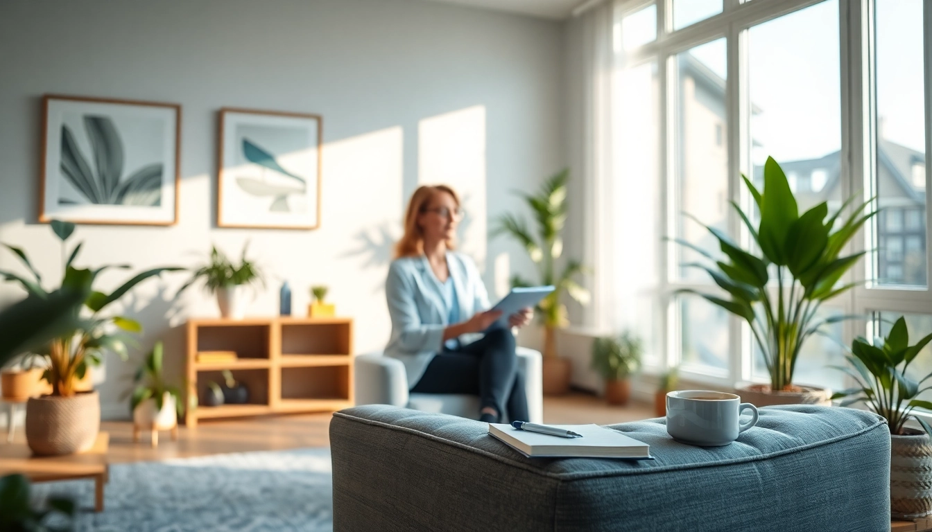 Mental health tips illustrated in a peaceful therapy setting, featuring a therapist and calming decor.
