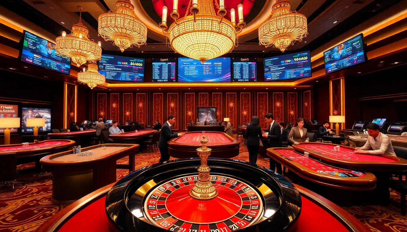 Experience the vibrant atmosphere of Trụ Sở Nhà Cái 68VIP with luxurious casino interiors and high-stakes tables.