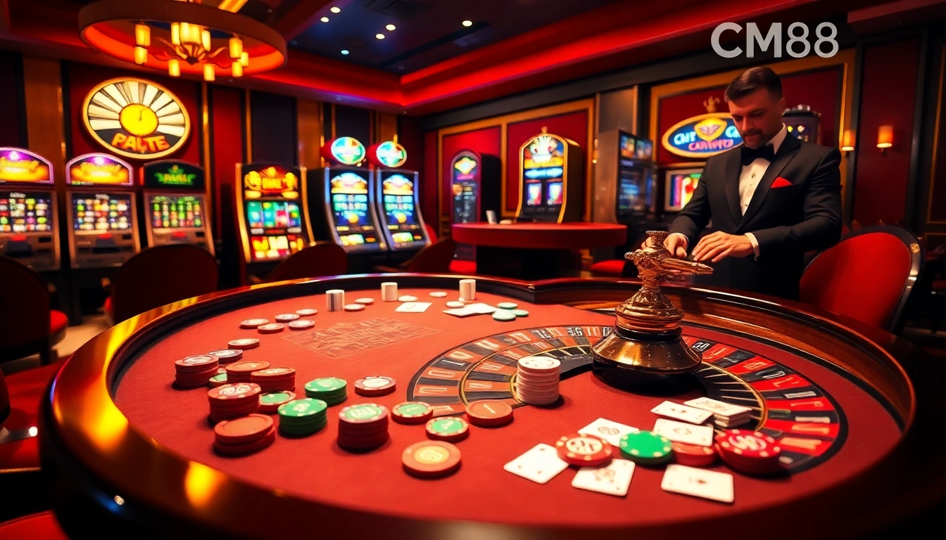 Players enjoying thrilling games at CM88, featuring vibrant poker chips and roulette.